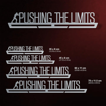 Pushing The Limits Medal Hanger V2 shown in all available sizes with dimensions