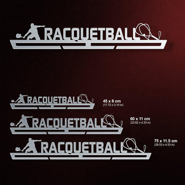 Racquetball Medal Hanger shown in all available sizes with dimensions