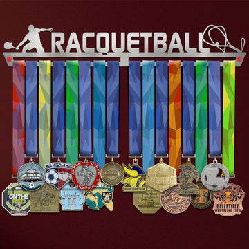 Racquetball Medal Hanger holding a full row of medals on a wall