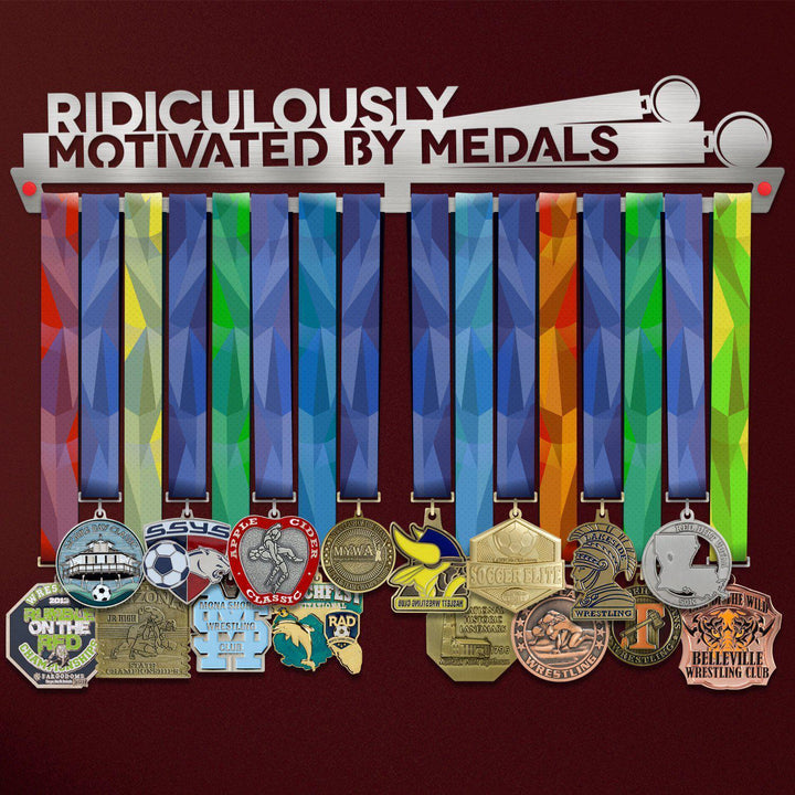 Ridiculously Motivated Medal Hanger holding a full row of medals on a wall
