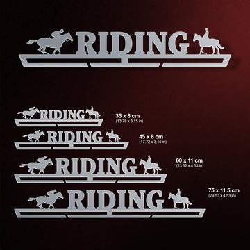 Horse Riding Medal Hanger shown in all available sizes with dimensions