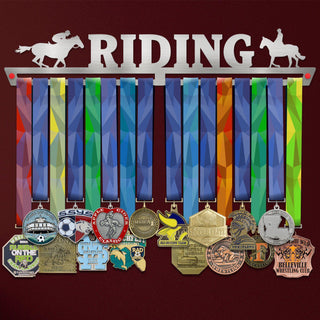 Horse Riding Medal Hanger holding a full row of medals on a wall