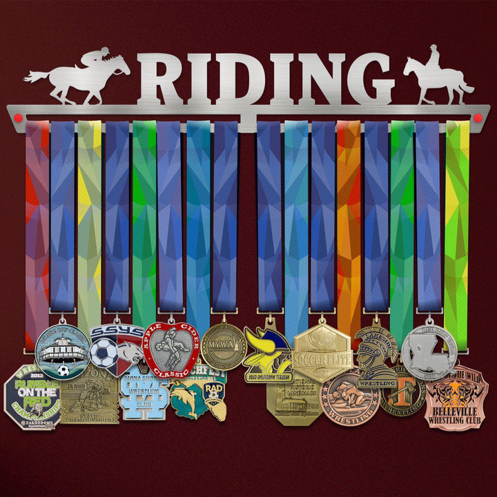 Horse Riding Medal Hanger holding a full row of medals on a wall