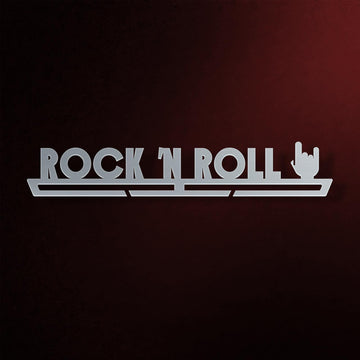 Rock N Roll Medal Hanger in laser-cut steel on a dark background