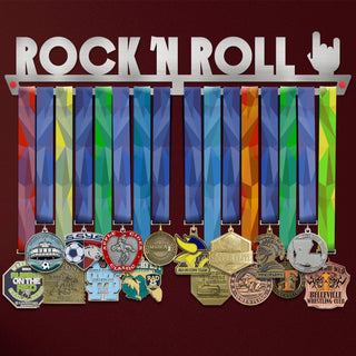 Rock N Roll Medal Hanger holding a full row of medals on a wall