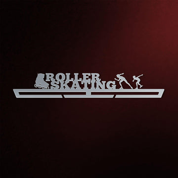 Roller Skating Medal Hanger in laser-cut steel on a dark background