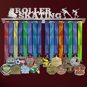 Roller Skating Medal Hanger holding a full row of medals on a wall