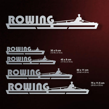 Rowing Medal Hanger shown in all available sizes with dimensions