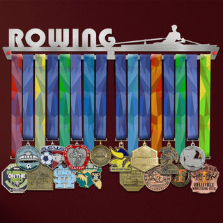 Rowing Medal Hanger holding a full row of medals on a wall