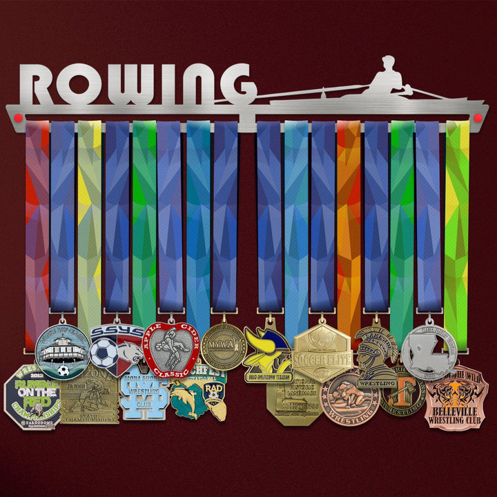 Rowing Medal Hanger holding a full row of medals on a wall