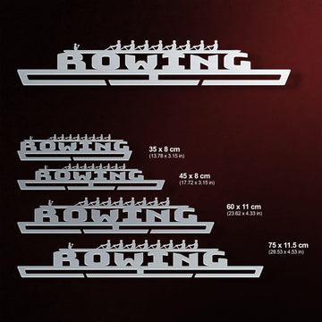 Rowing Medal Hanger V2 shown in all available sizes with dimensions