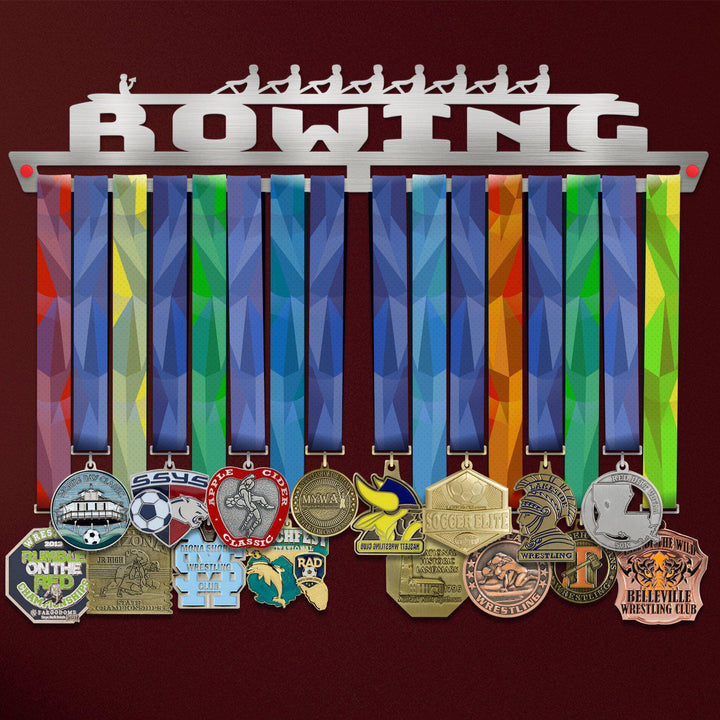 Rowing Medal Hanger V2 holding a full row of medals on a wall