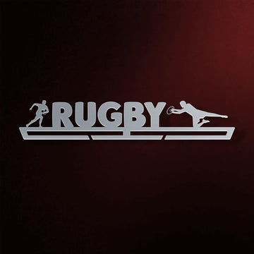Rugby Medal Hanger in laser-cut steel on a dark background
