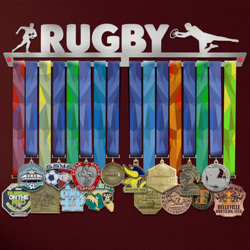 Rugby Medal Hanger holding a full row of medals on a wall