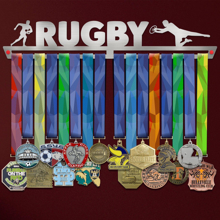 Rugby Medal Hanger holding a full row of medals on a wall