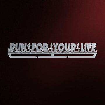 Run For Your Life Medal Hanger in laser-cut steel on a dark background