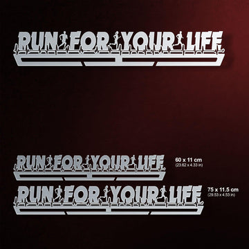 Run For Your Life Medal Hanger shown in all available sizes with dimensions