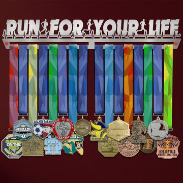 Run For Your Life Medal Hanger holding a full row of medals on a wall