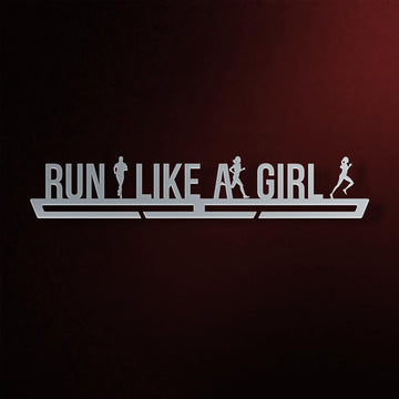 Run Like A Girl Medal Hanger in laser-cut steel on a dark background