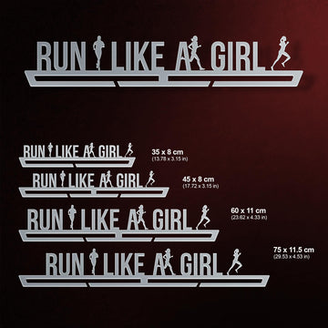 Run Like A Girl Medal Hanger shown in all available sizes with dimensions