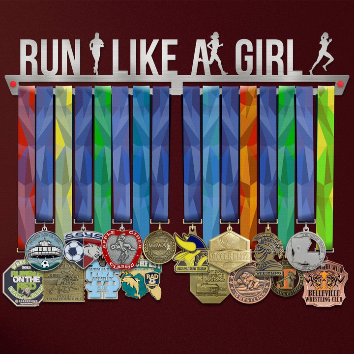 Run Like A Girl Medal Hanger holding a full row of medals on a wall