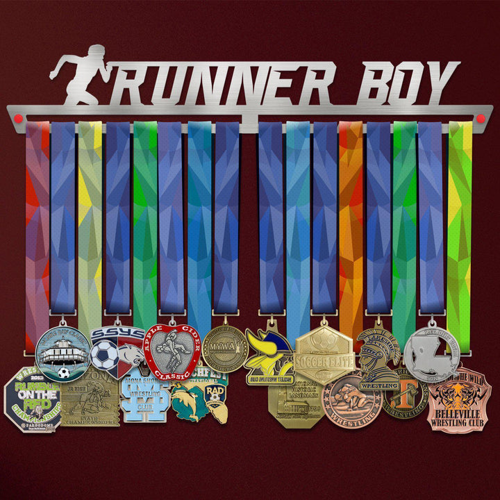 Runner Boy Medal Hanger holding a full row of medals on a wall