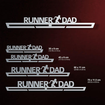 Runner Dad Medal Hanger shown in all available sizes with dimensions