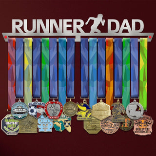 Runner Dad Medal Hanger holding a full row of medals on a wall