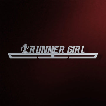 Runner Girl Medal Hanger in laser-cut steel on a dark background