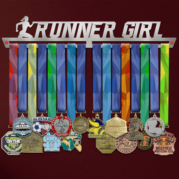 Runner Girl Medal Hanger holding a full row of medals on a wall