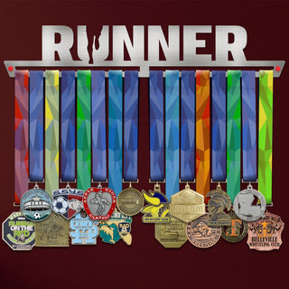 Running Medal Hanger holding a full row of medals on a wall