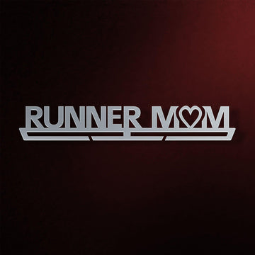 Runner Mom Medal Hanger in laser-cut steel on a dark background