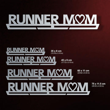 Runner Mom Medal Hanger shown in all available sizes with dimensions