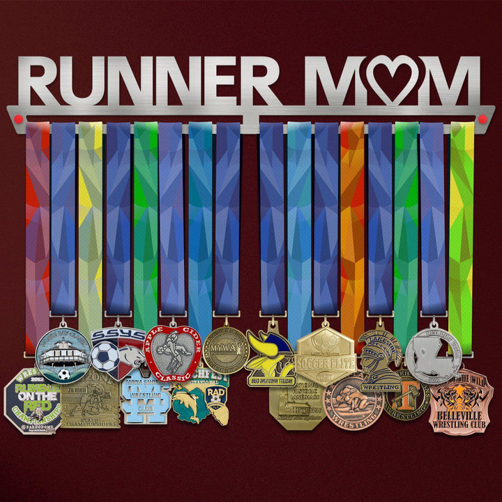 Runner Mom Medal Hanger holding a full row of medals on a wall