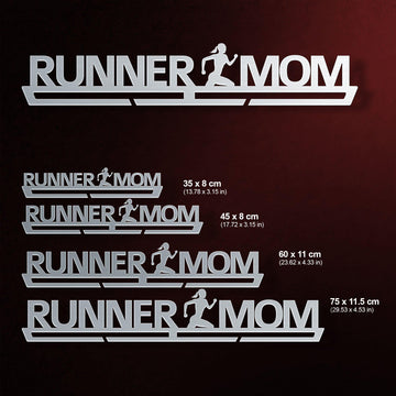 Runner Mom Medal Hanger V2 shown in all available sizes with dimensions