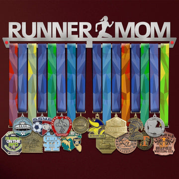 Runner Mom Medal Hanger V2 holding a full row of medals on a wall