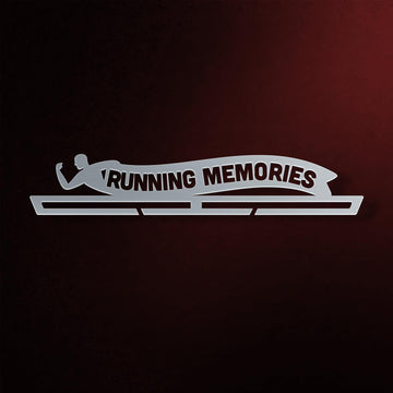 Running Memories Medal Hanger in laser-cut steel on a dark background