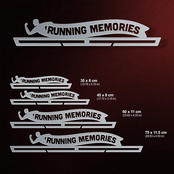 Running Memories Medal Hanger shown in all available sizes with dimensions