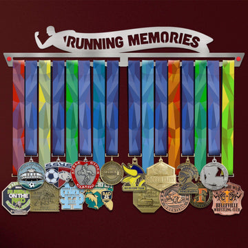 Running Memories Medal Hanger holding a full row of medals on a wall