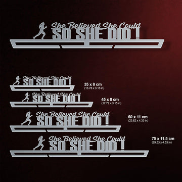 She Believed She Could So She Did Medal Hanger shown in all available sizes with dimensions