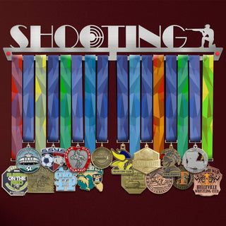 Shooting Medal Hanger holding a full row of medals on a wall
