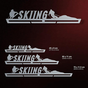 Skiing Medal Hanger shown in all available sizes with dimensions