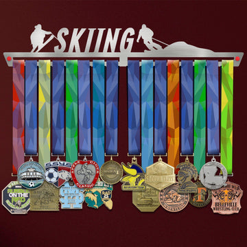 Skiing Medal Hanger holding a full row of medals on a wall