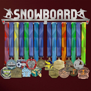 Snowboard Medal Hanger holding a full row of medals on a wall