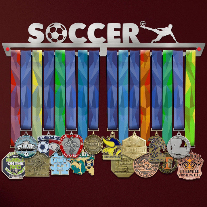 Football Medal Hanger holding a full row of medals on a wall