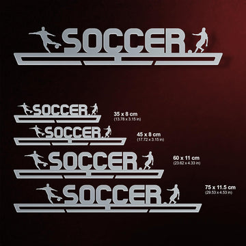 Soccer Medal Hanger shown in all available sizes with dimensions