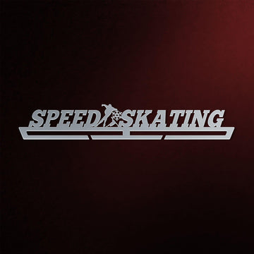 Speed Skating Medal Hanger in laser-cut steel on a dark background