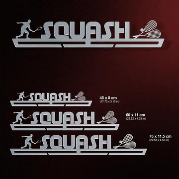 Squash Medal Hanger shown in all available sizes with dimensions