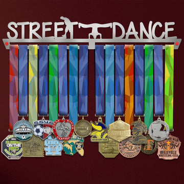 Street Dance Medal Hanger holding a full row of medals on a wall