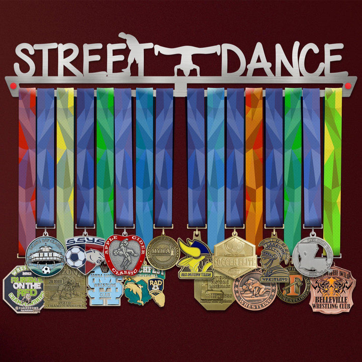 Street Dance Medal Hanger holding a full row of medals on a wall